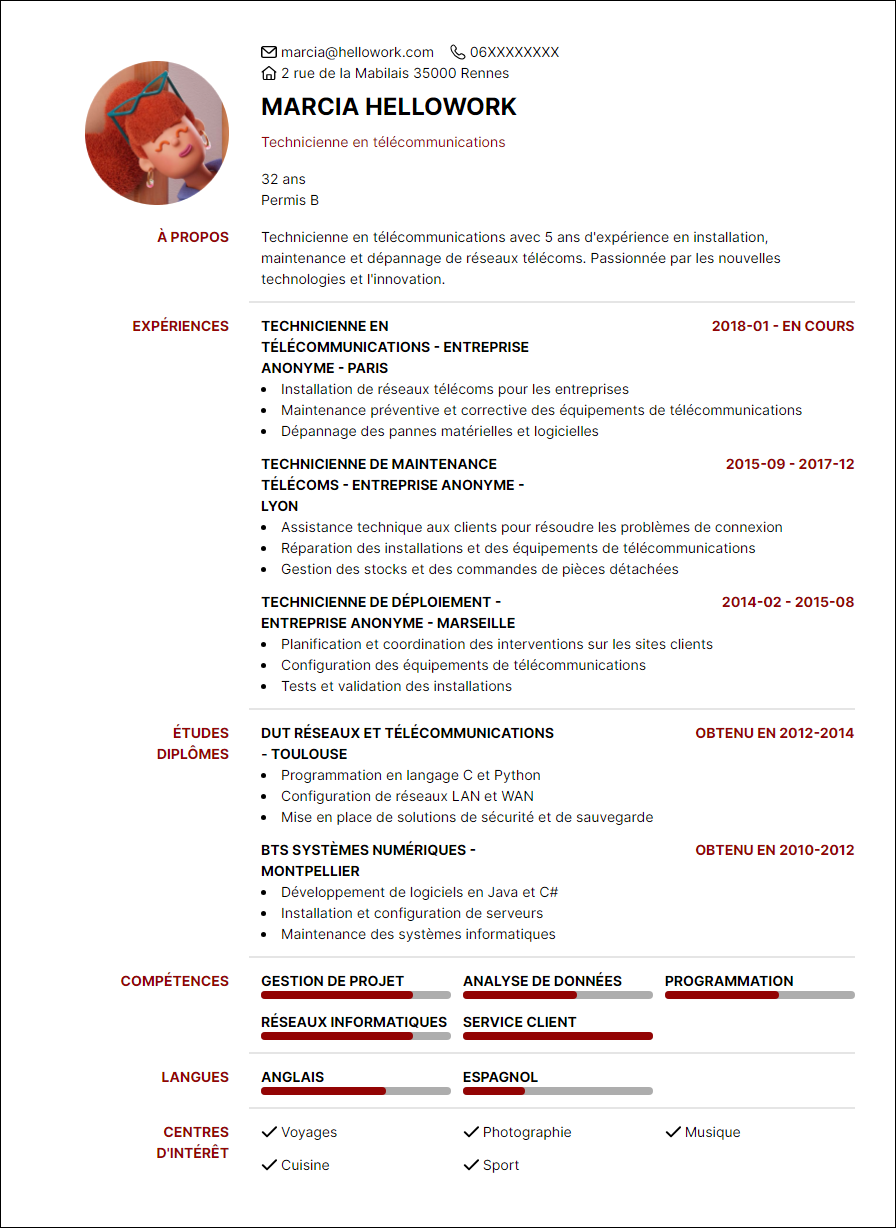 Modèle CV Technicien en télécom Exemple CV Technicien en télécom