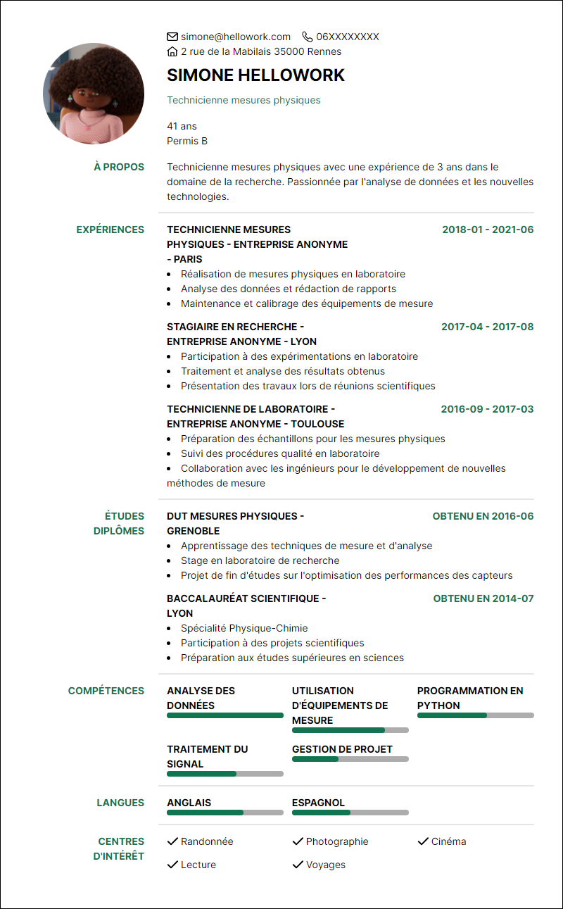 Modèle CV Technicien mesures physiques Exemple CV Technicien mesures physiques