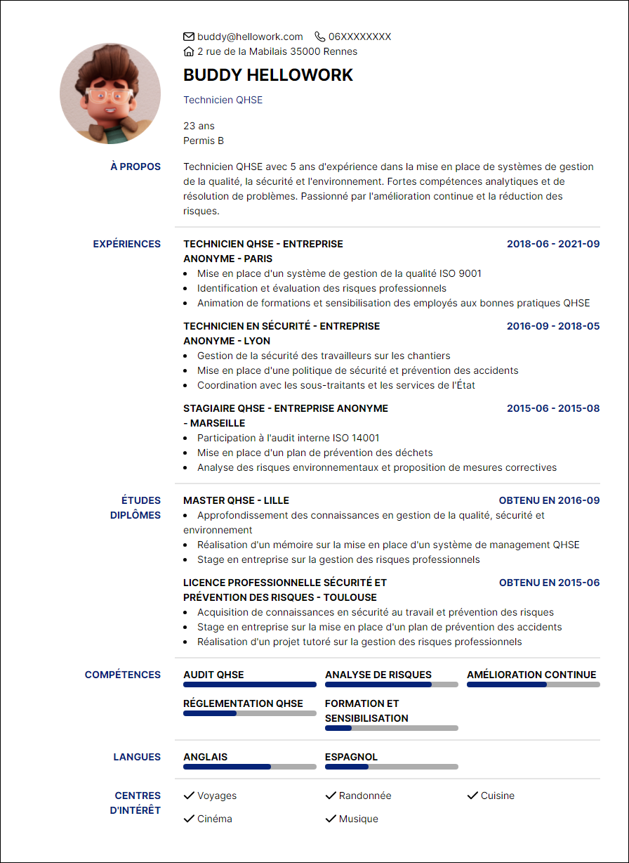 Modèle CV Technicien QHSE Exemple CV Technicien QHSE