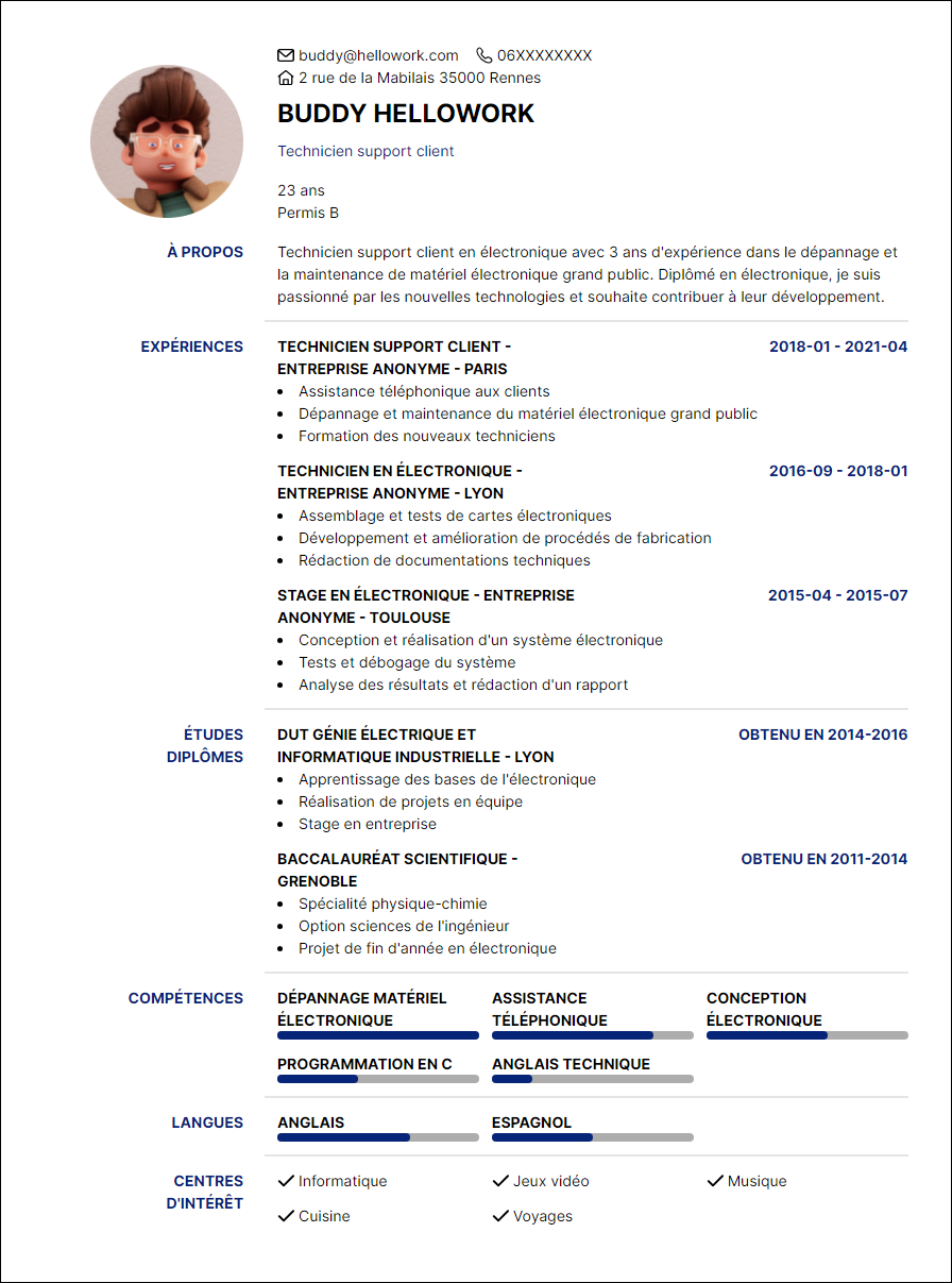 Modèle CV Technicien support client en électronique Exemple CV Technicien support client en électronique