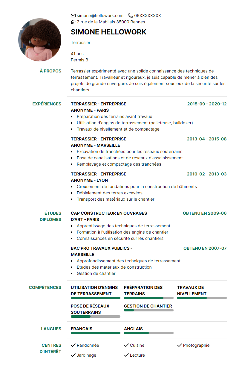 Modèle CV Terrassier Exemple CV Terrassier