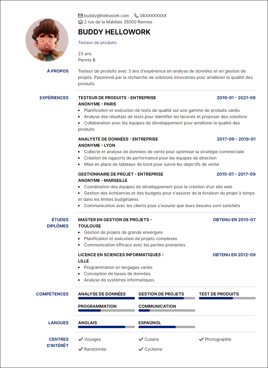 Modèle CV Testeur de produits Exemple CV Testeur de produits