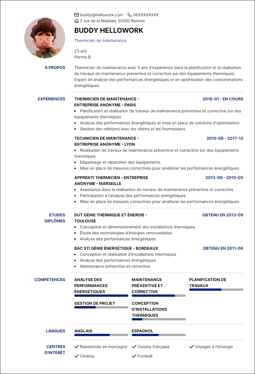 Modèle CV Technicien chauffage Exemple CV Technicien chauffage