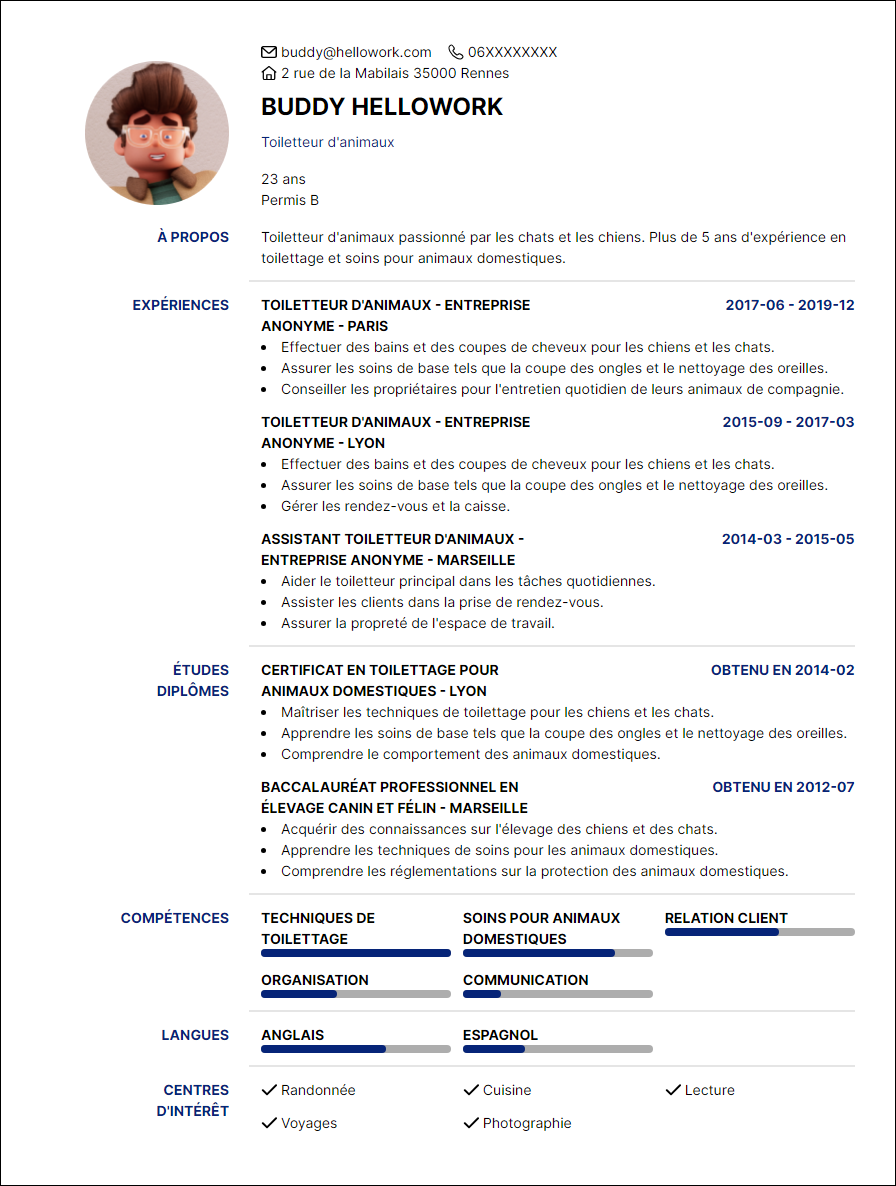 Modèle CV Toiletteur canin Exemple CV Toiletteur canin