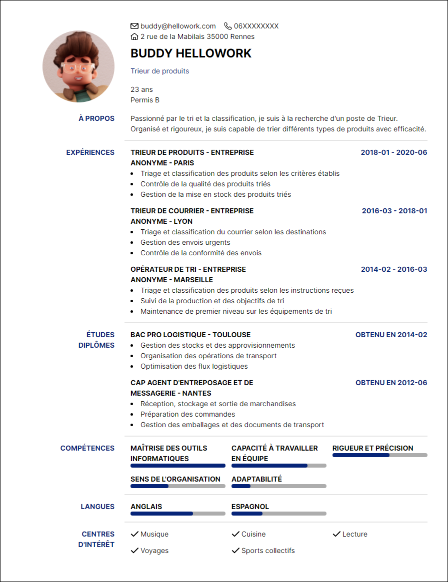 Modèle CV Trieur Exemple CV Trieur