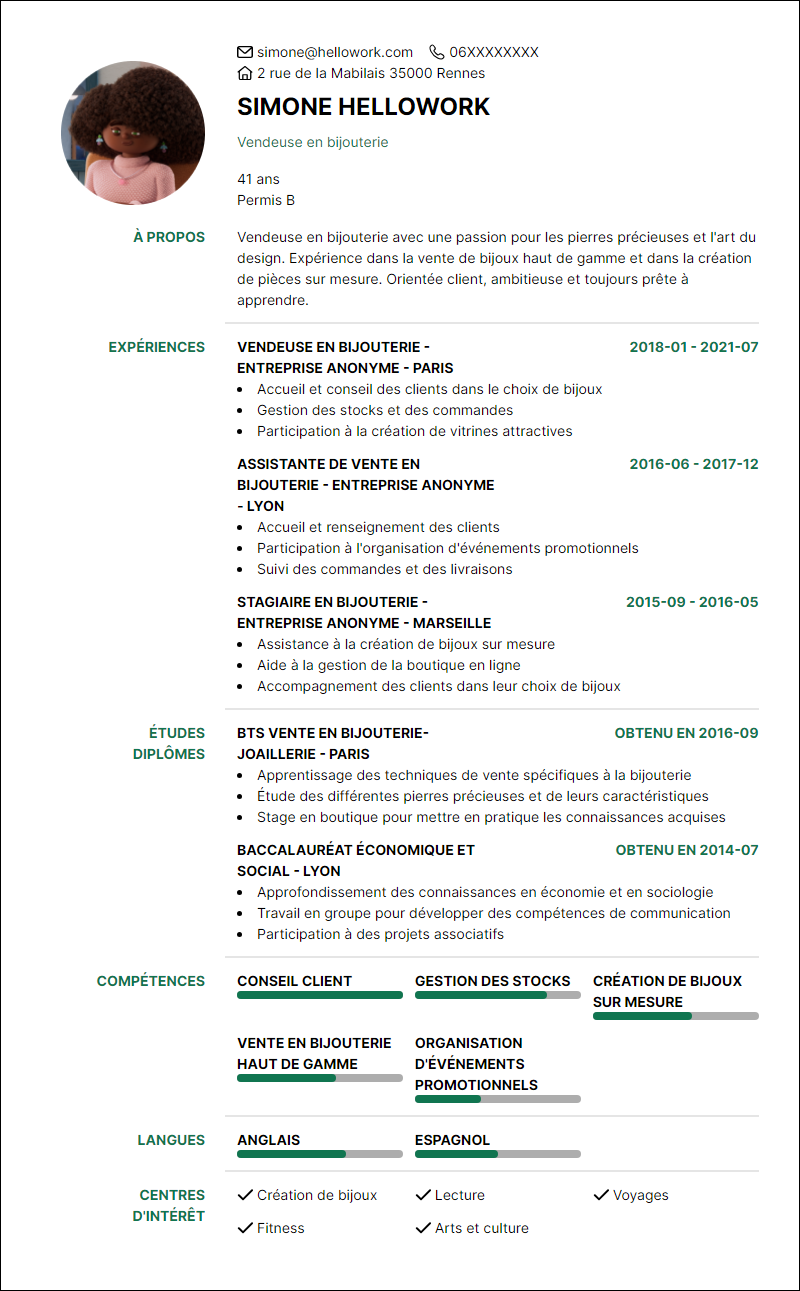 Exemple CV Vendeur en bijouterie