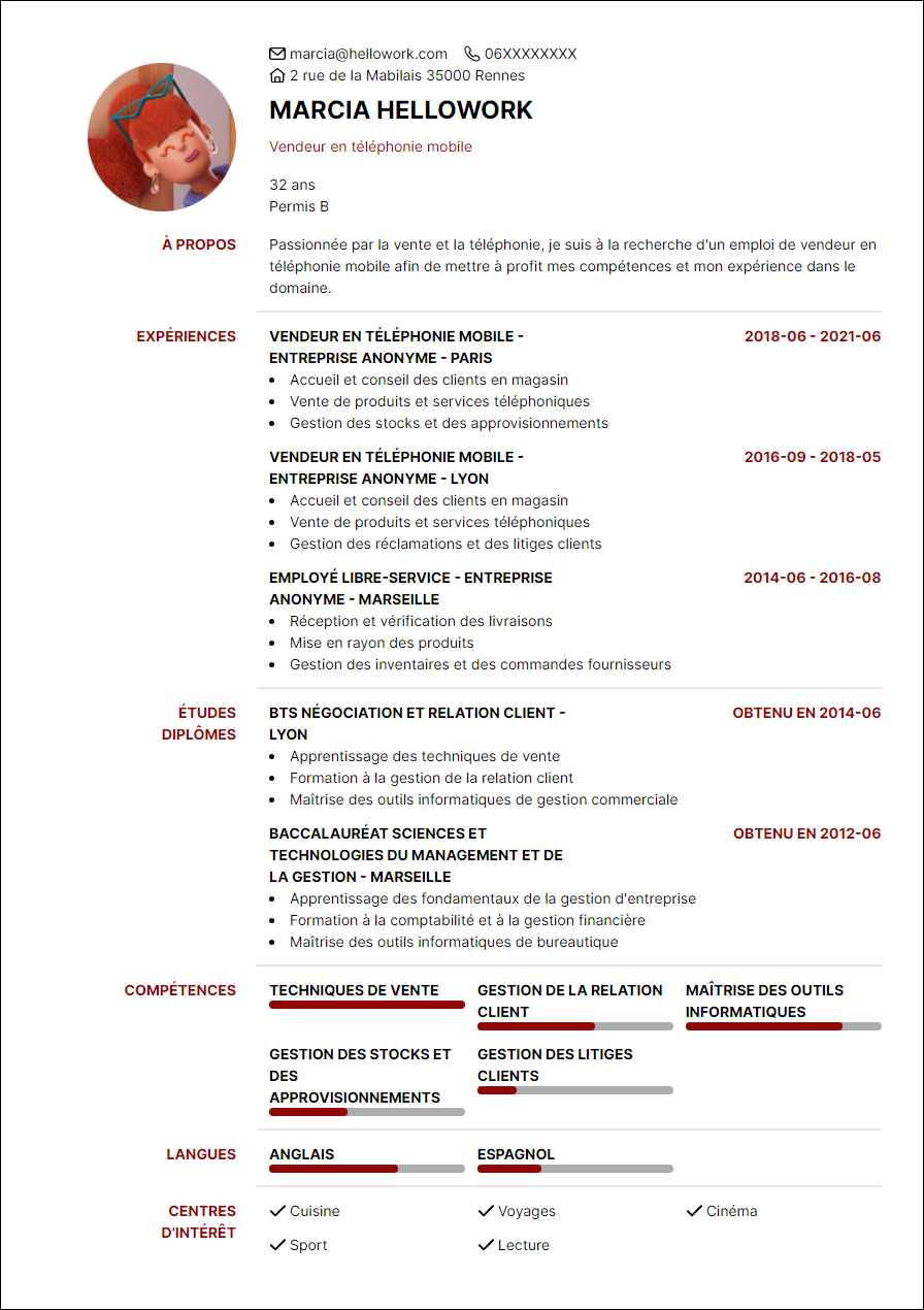 Modèle CV Vendeur en téléphonie Exemple CV Vendeur en téléphonie