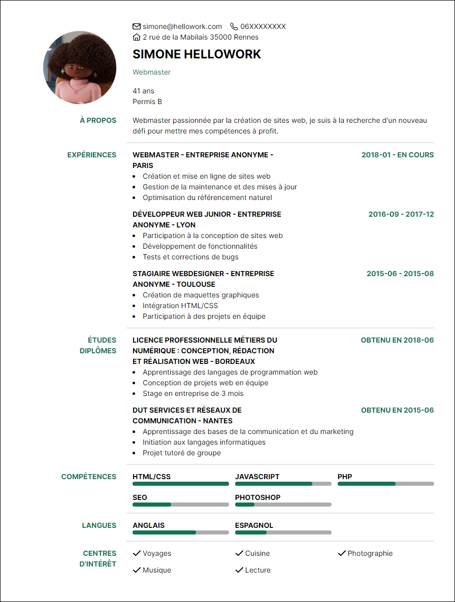 Modèle CV Webmaster Exemple CV Webmaster