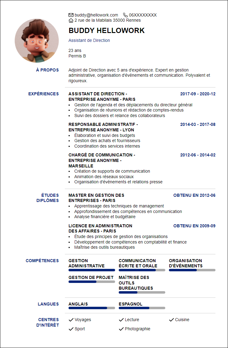 Modèle CV Adjointe De Direction Exemple CV Adjointe De Direction