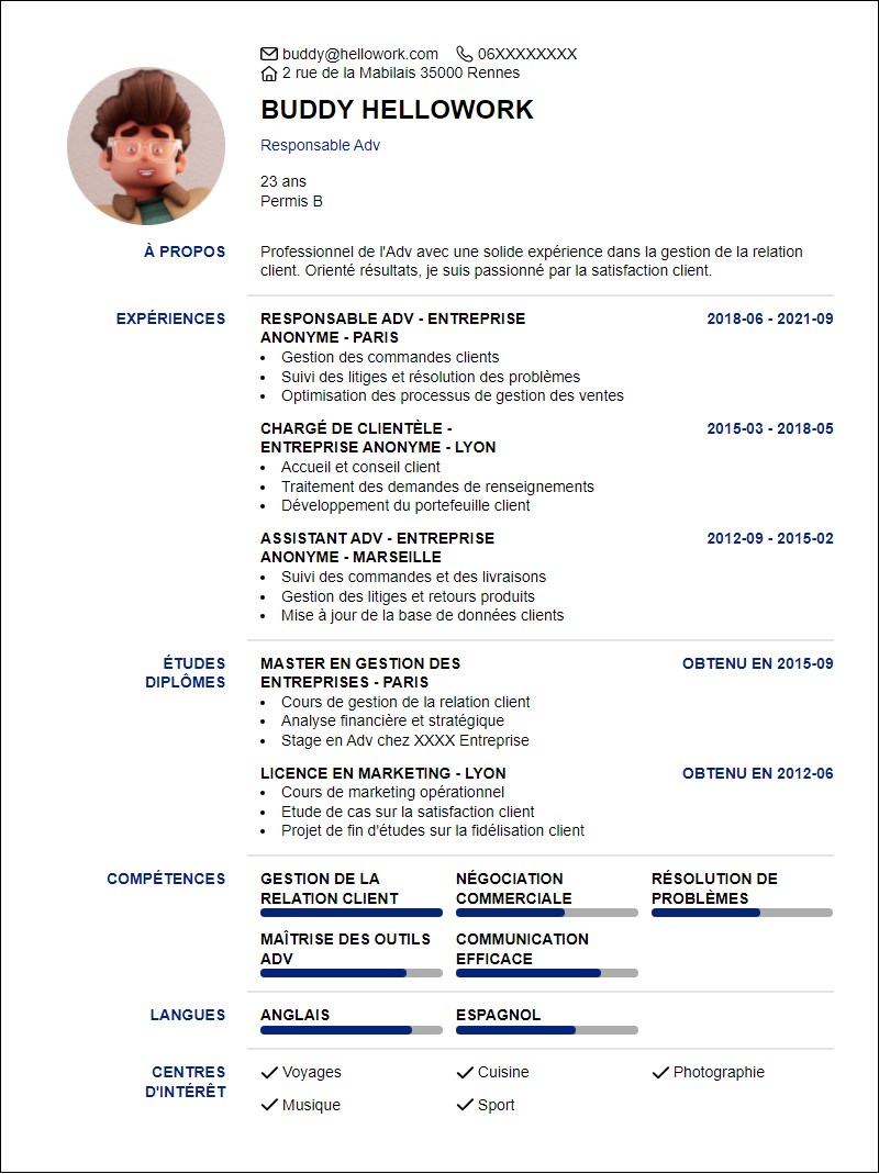 Modèle CV Adv Exemple CV Adv