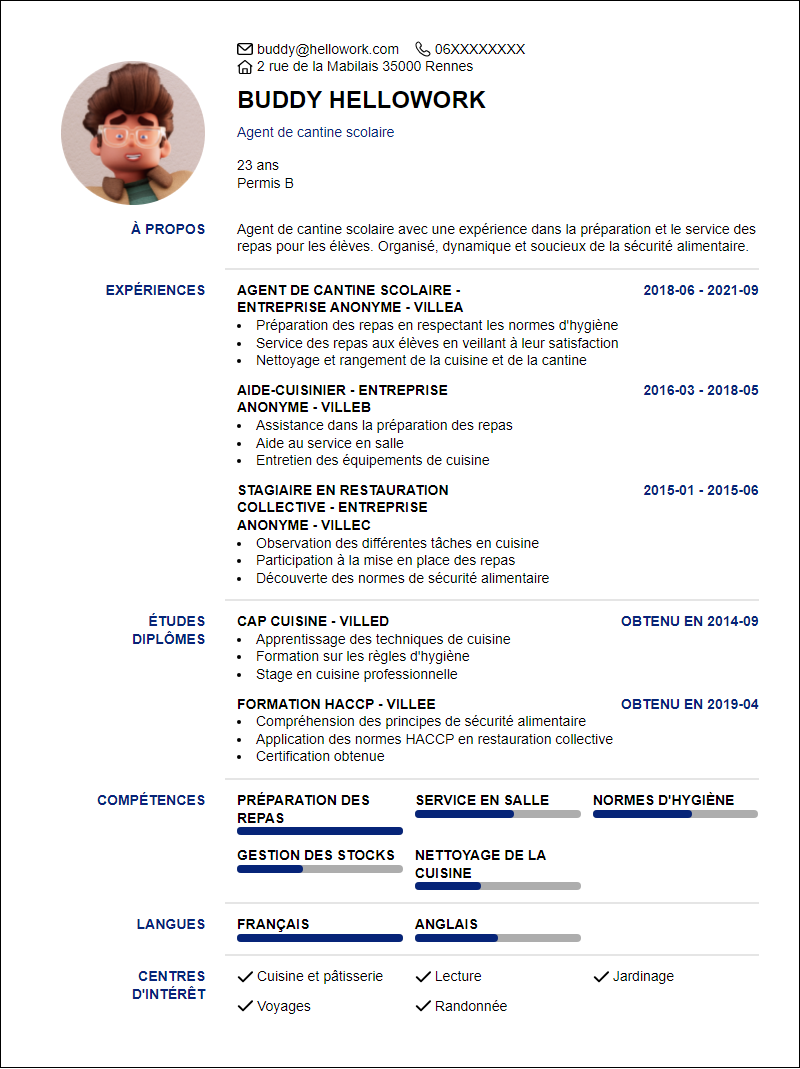 Modèle CV Agent De Cantine Scolaire Exemple CV Agent De Cantine Scolaire