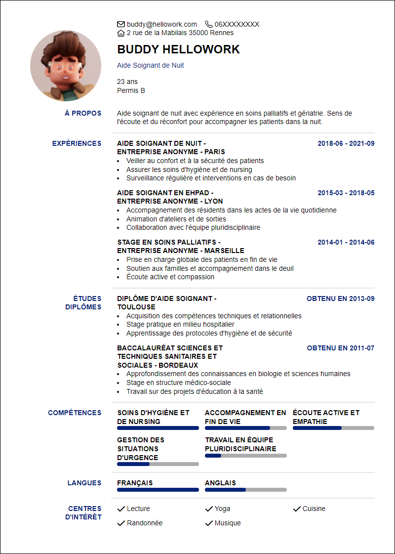Modèle CV Aide soignant de nuit Exemple CV Aide soignant de nuit