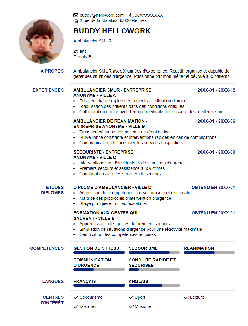Modèle CV Ambulancier Smur Exemple CV Ambulancier Smur