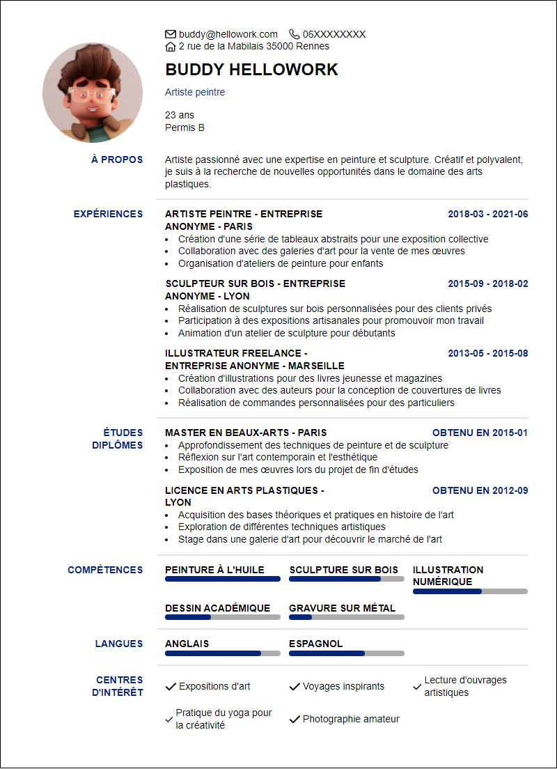 Modèle CV Arts plastiques Exemple CV Arts plastiques