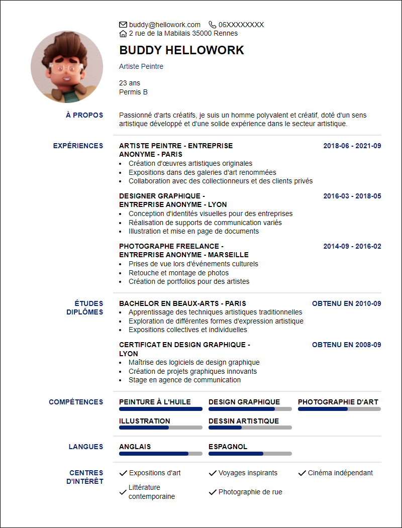 Modèle CV Arts Exemple CV Arts