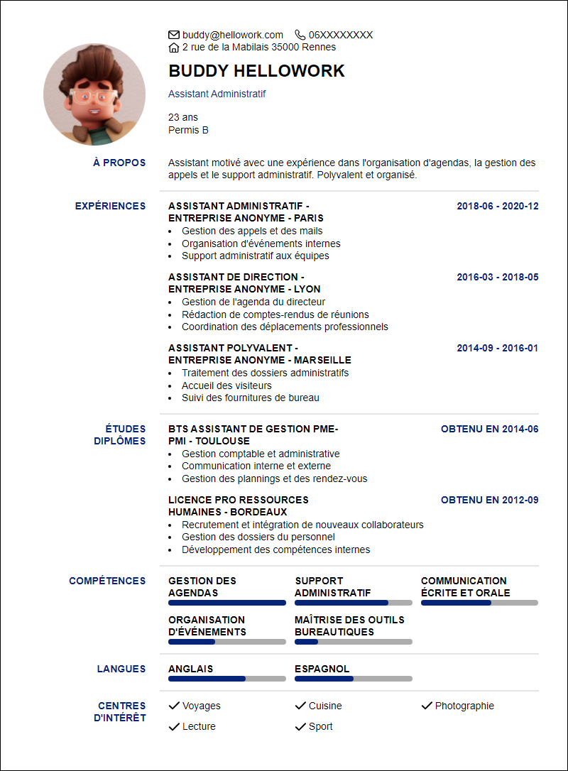 Modèle CV Assistant Exemple CV Assistant