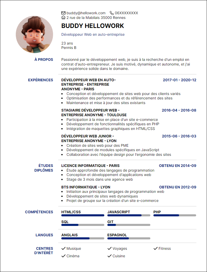 Modèle CV Auto entrepreneur Exemple CV Auto entrepreneur
