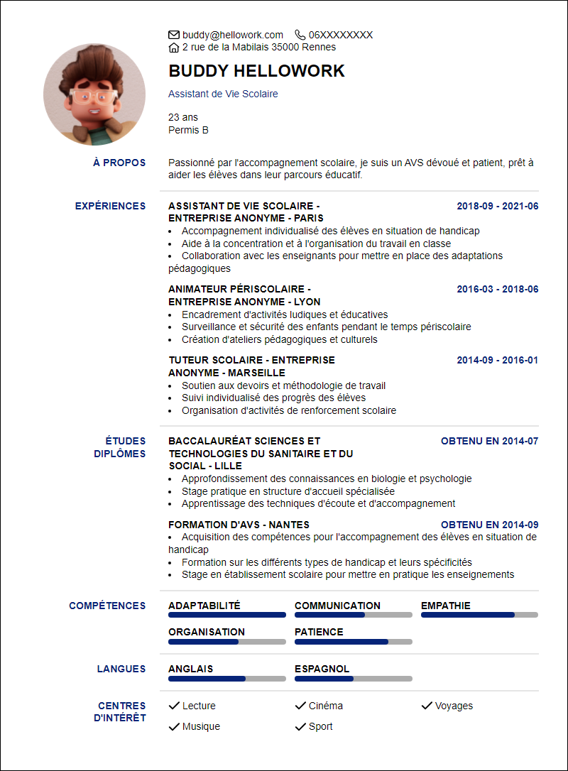 Modèle CV Avs Scolaire Exemple CV Avs Scolaire