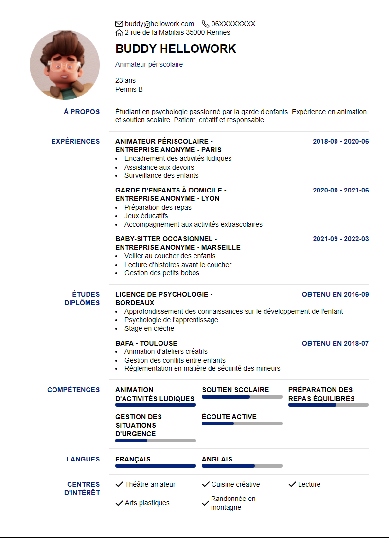 Modèle CV Babysitting Exemple CV Babysitting