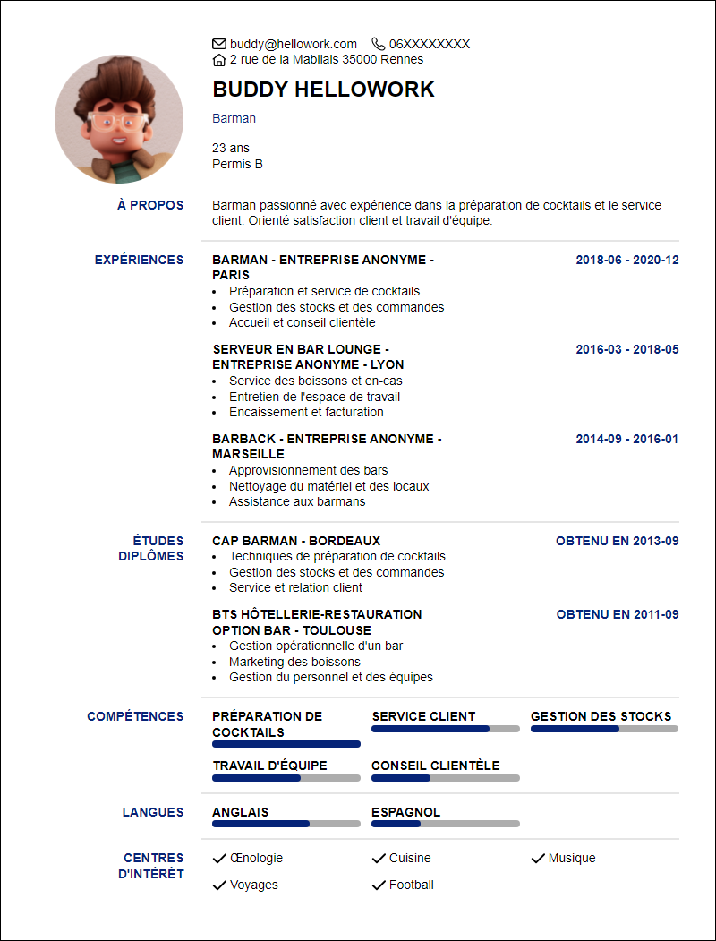Modèle CV Bar Exemple CV Bar