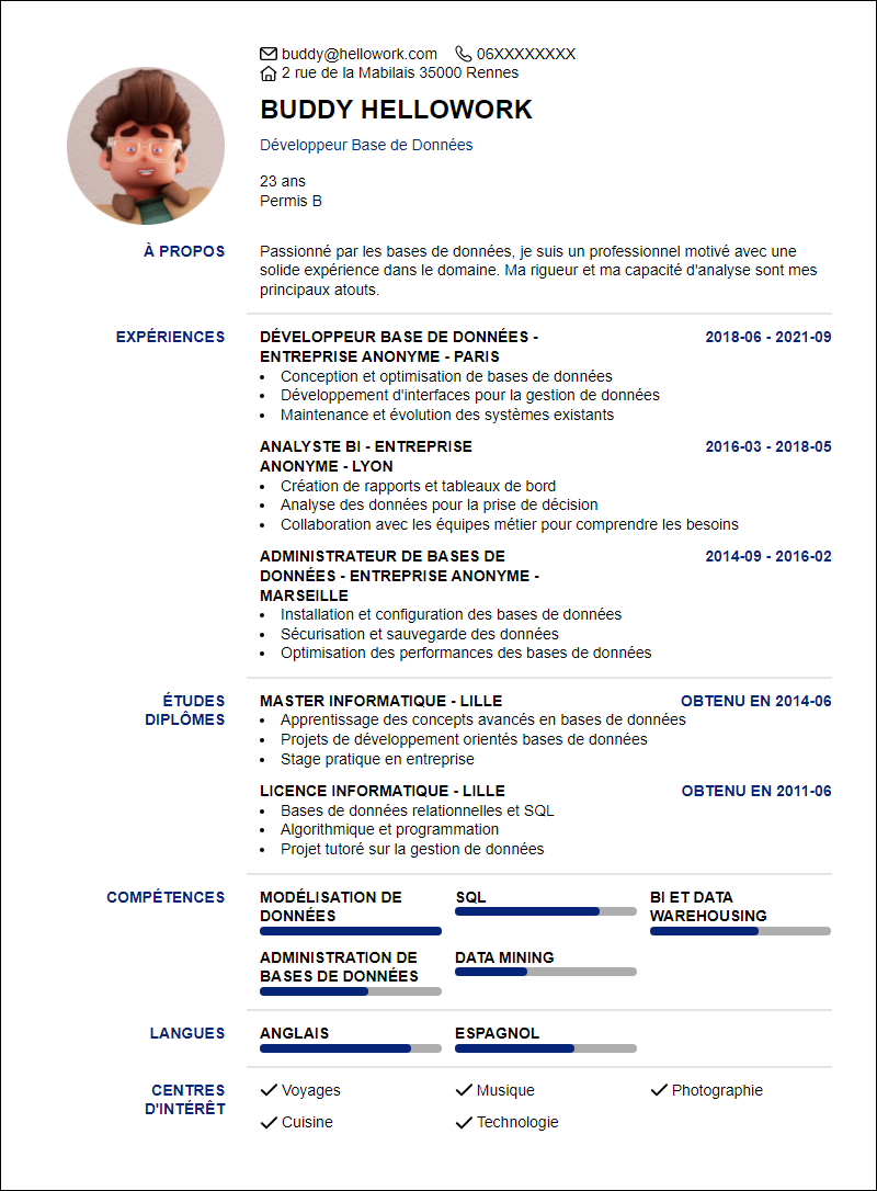 Modèle CV Base de données Exemple CV Base de données