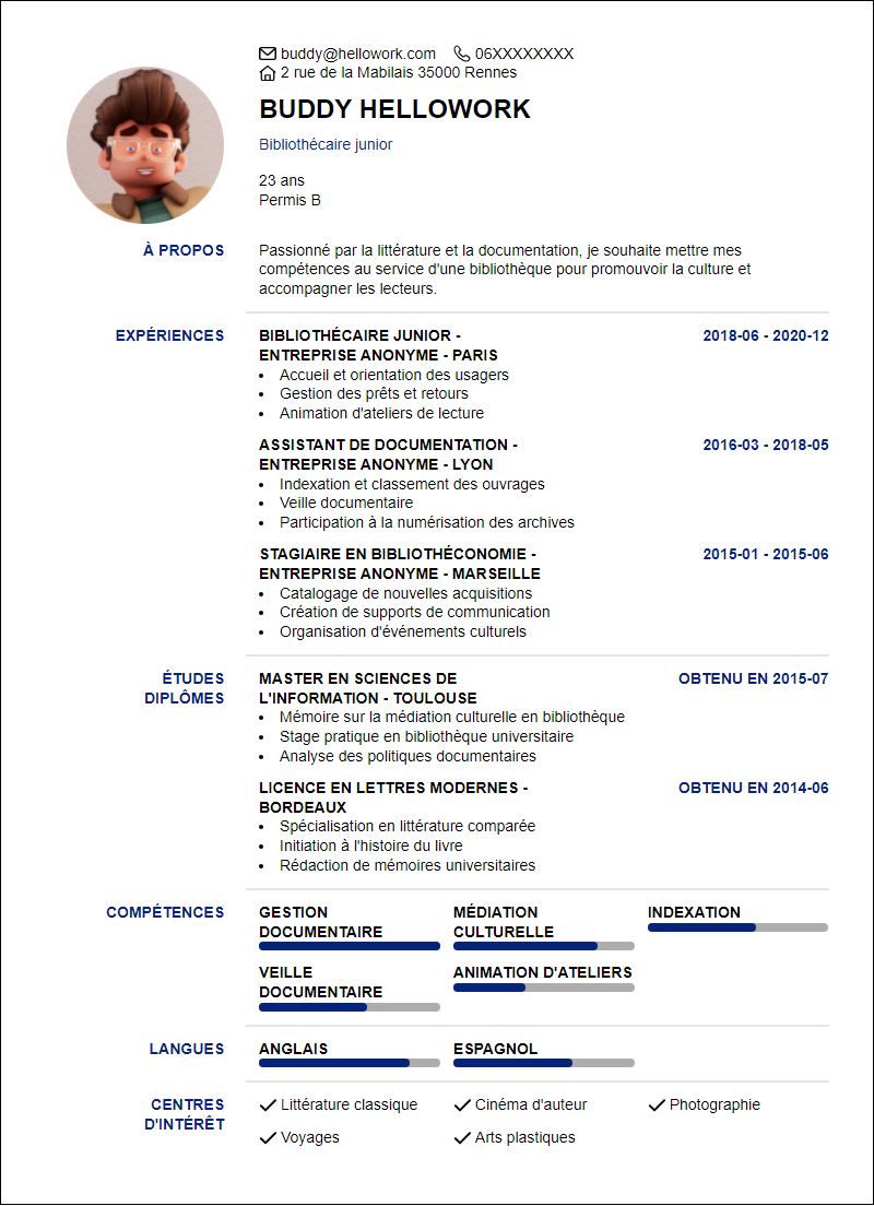 Modèle CV Bibliothèque Exemple CV Bibliothèque