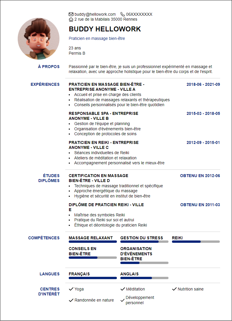 Modèle CV Bien être Exemple CV Bien être