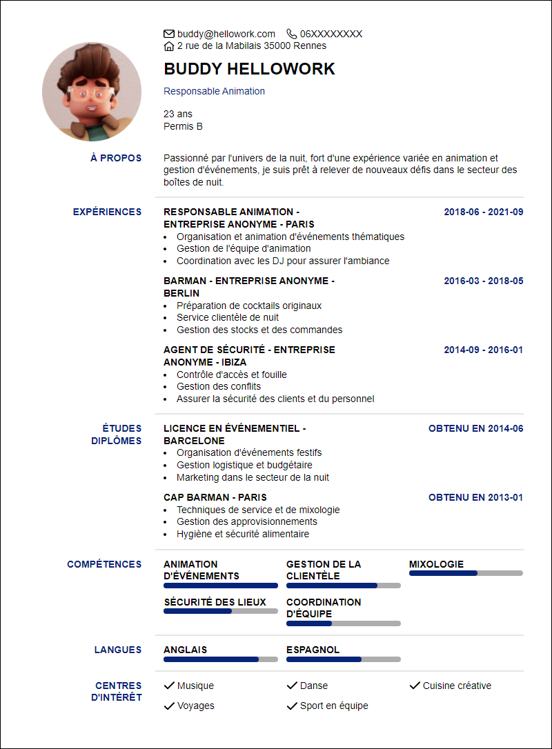 Modèle CV Boite de nuit Exemple CV Boite de nuit