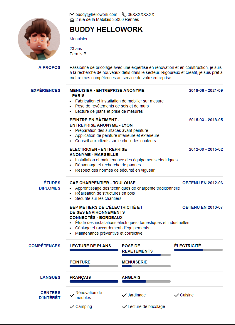 Modèle CV Bricolage Exemple CV Bricolage