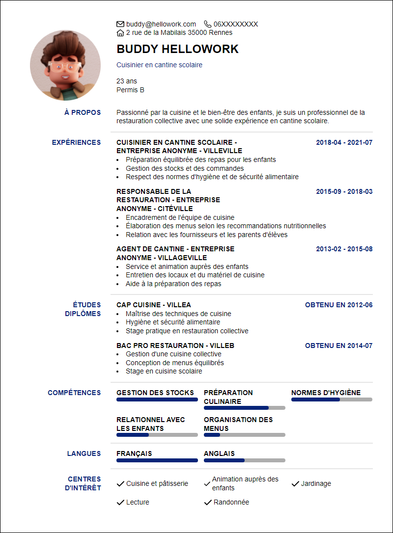 Modèle CV Cantine scolaire Exemple CV Cantine scolaire