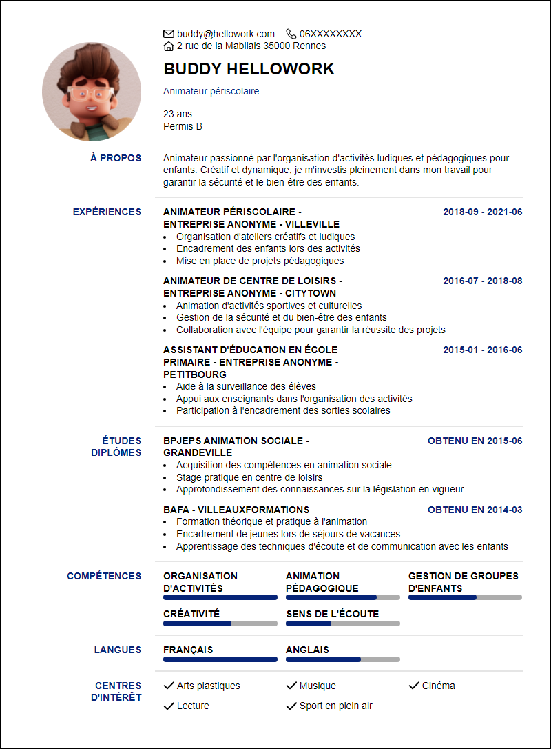 Modèle CV Centre de loisirs Exemple CV Centre de loisirs