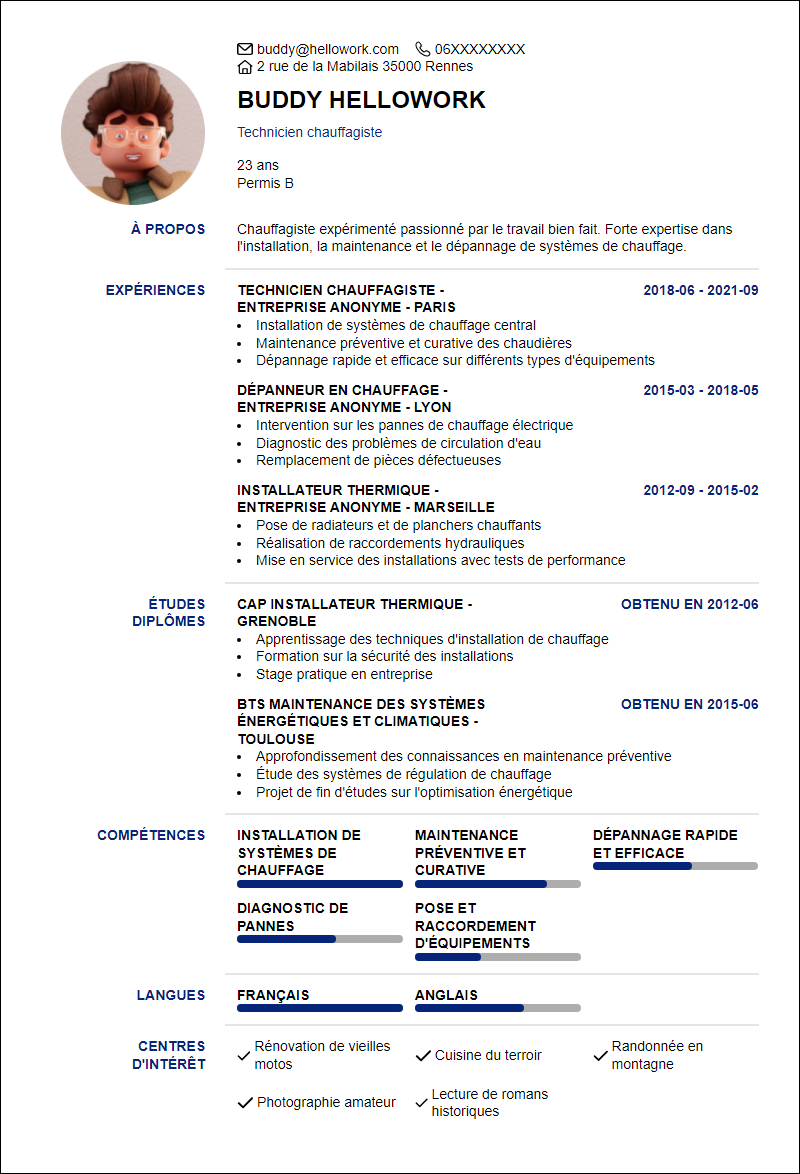 Modèle CV Chauffage Exemple CV Chauffage