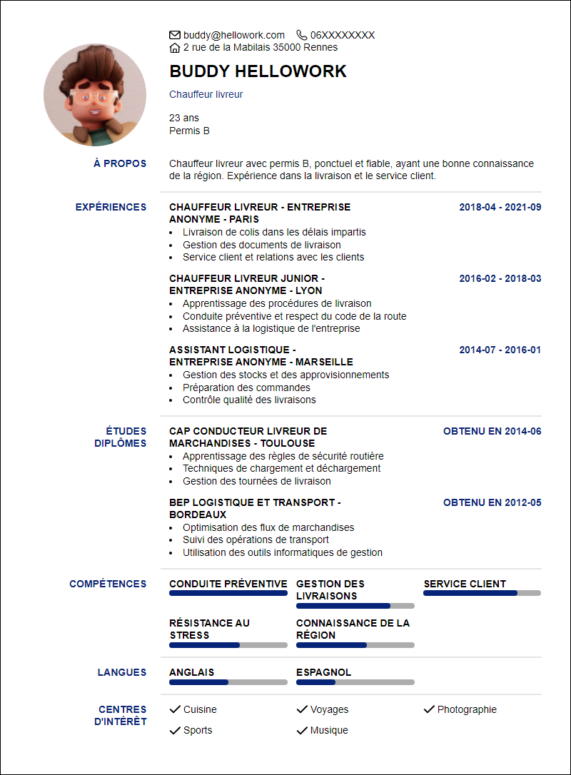 Modèle CV Chauffeur livreur permis b Exemple CV Chauffeur livreur permis b
