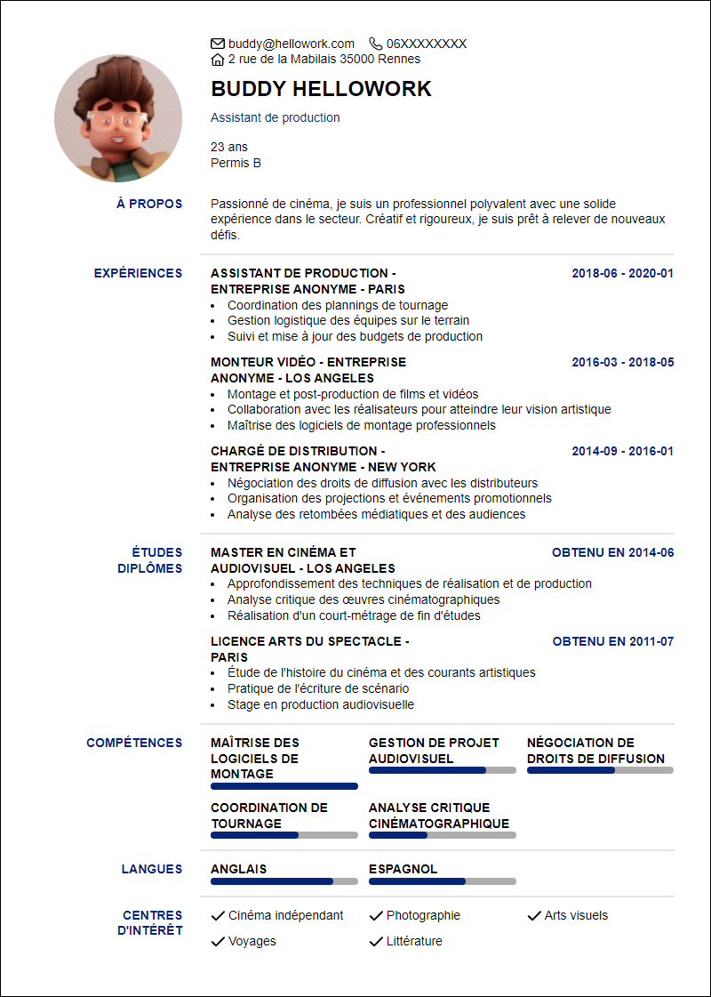 Modèle CV Cinéma Exemple CV Cinéma
