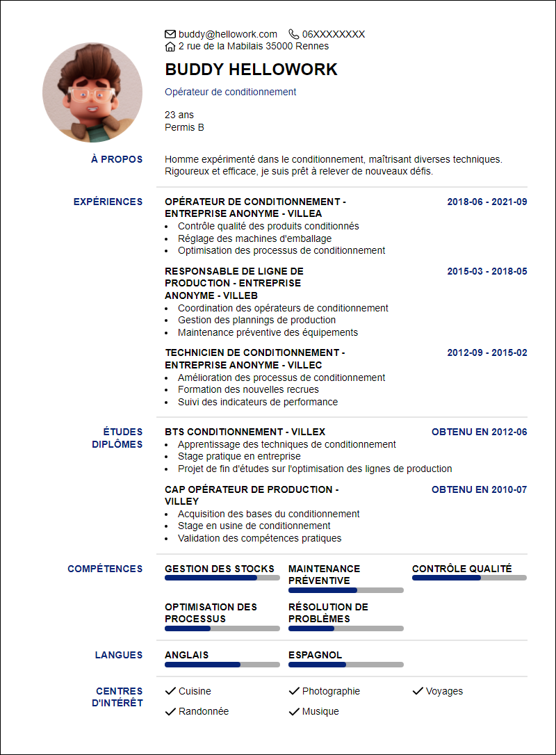 Modèle CV Conditionnement Exemple CV Conditionnement