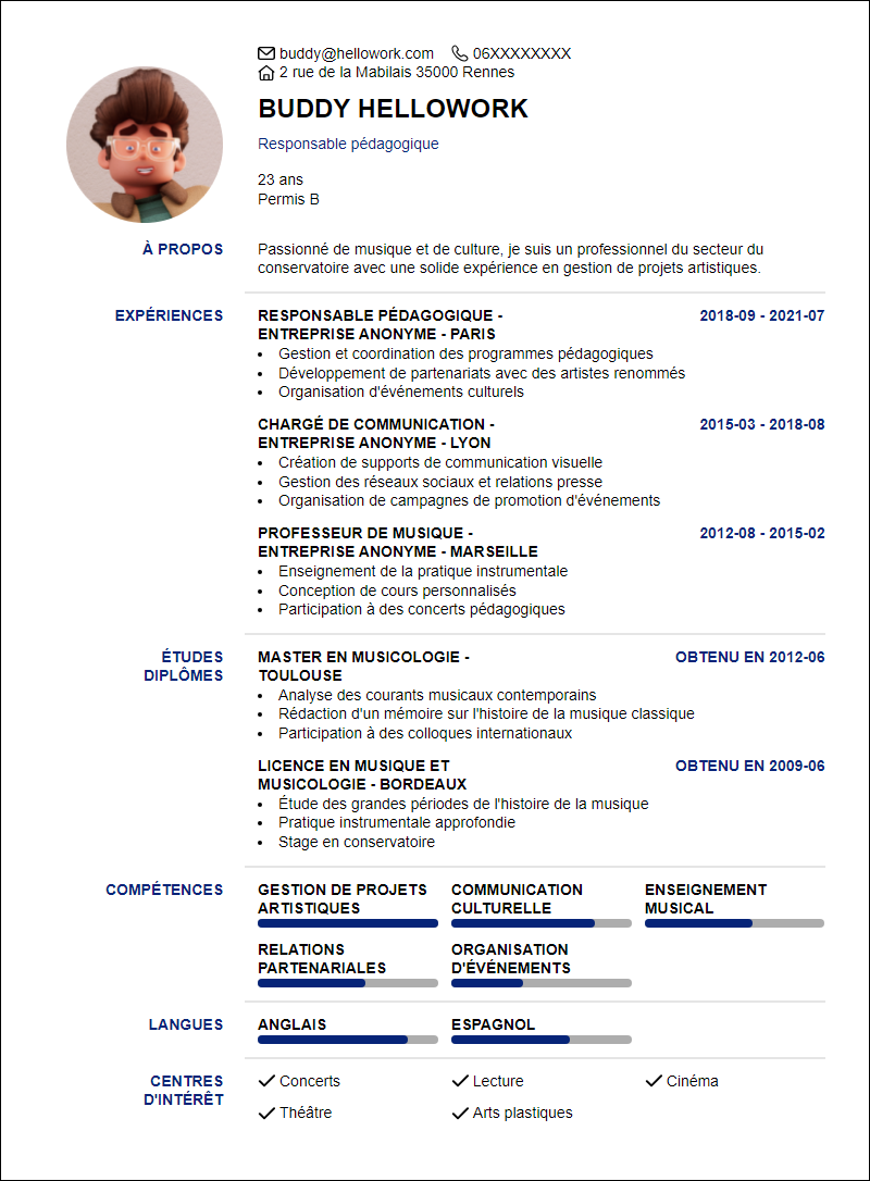 Modèle CV Conservatoire Exemple CV Conservatoire