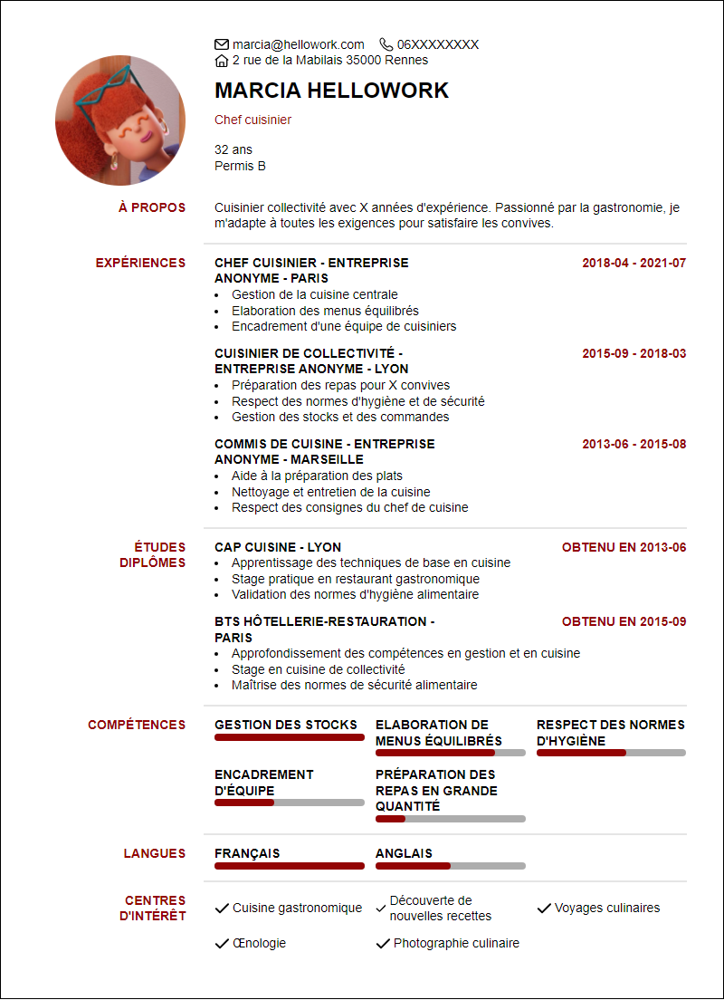 Modèle CV Cuisinier collectivité Exemple CV Cuisinier collectivité