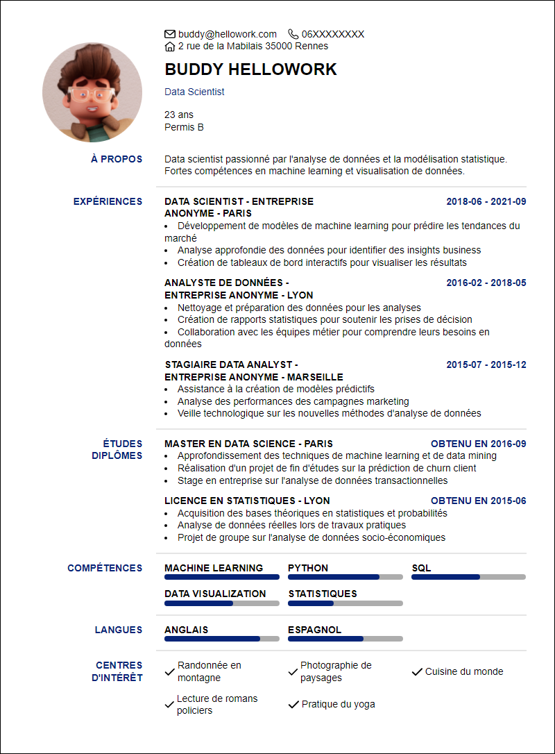 Modèle CV Data science Exemple CV Data science