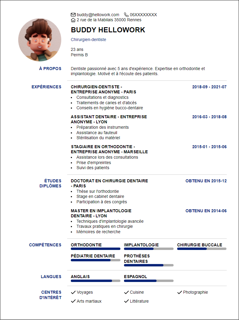Modèle CV Dentaire Exemple CV Dentaire