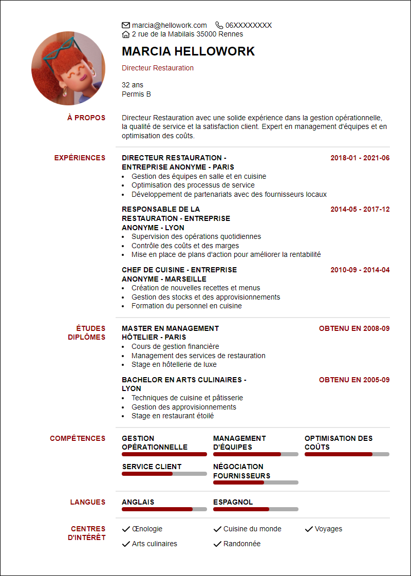 Modèle CV Directeur Restauration Exemple CV Directeur Restauration