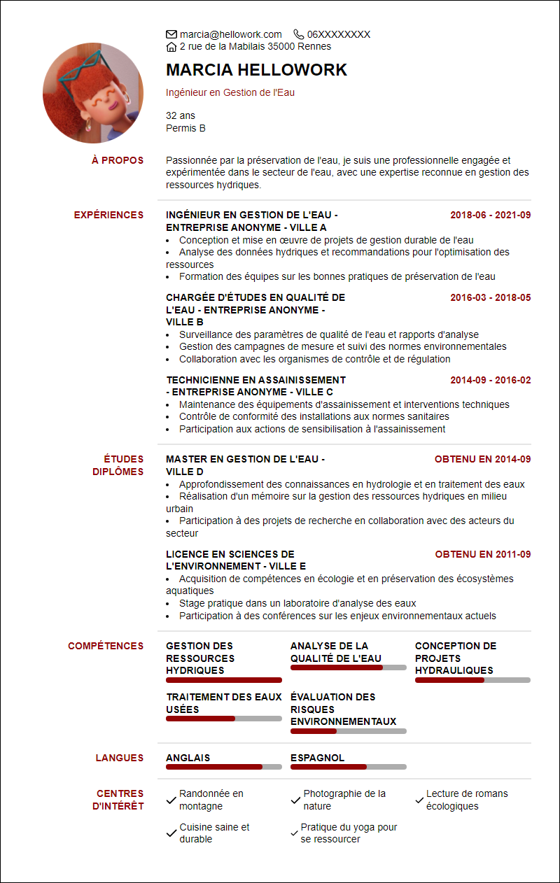 Modèle CV Eau Exemple CV Eau