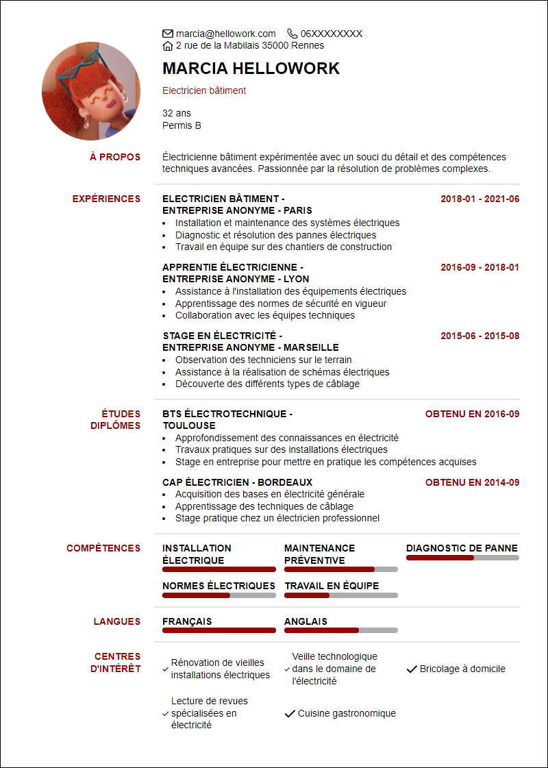 Modèle CV Electricien Batiment Exemple CV Electricien Batiment