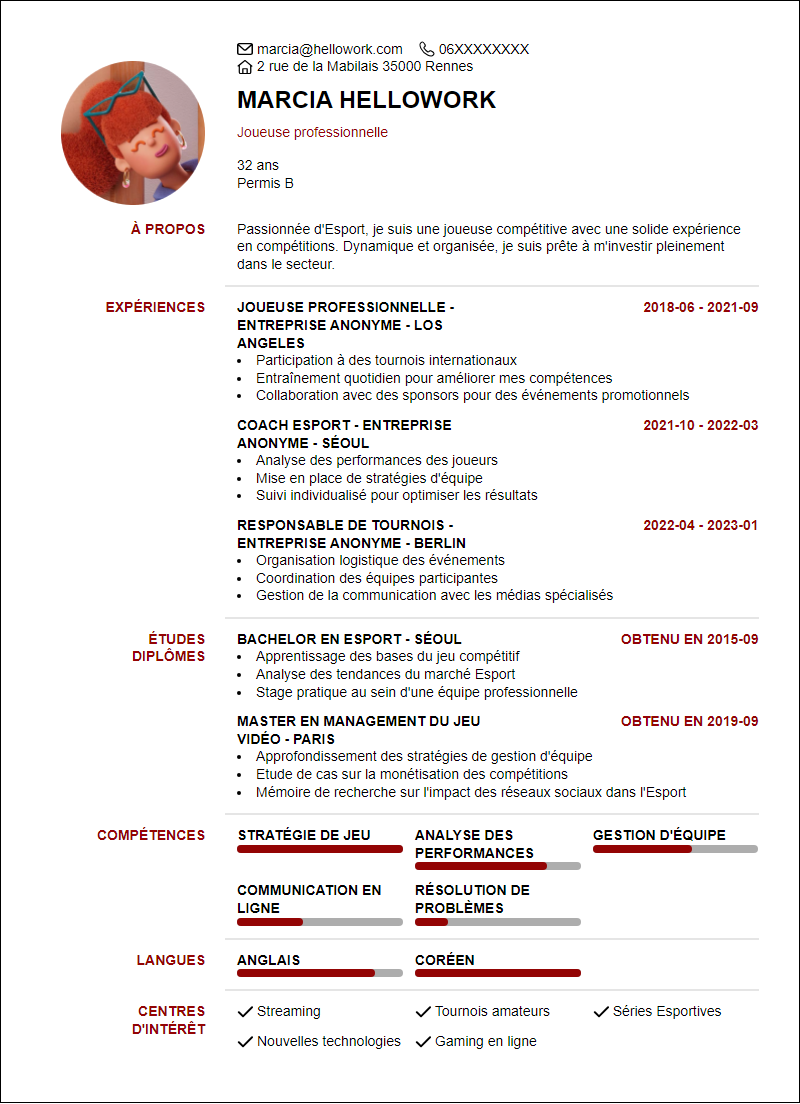 Modèle CV Esport Exemple CV Esport