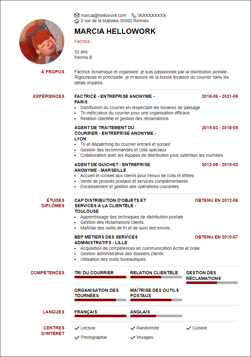 Modèle CV Facteur la poste Exemple CV Facteur la poste