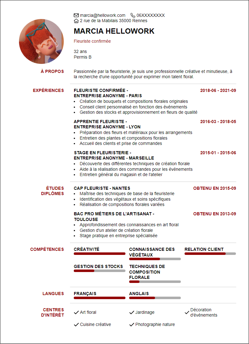 Modèle CV Fleuristerie Exemple CV Fleuristerie