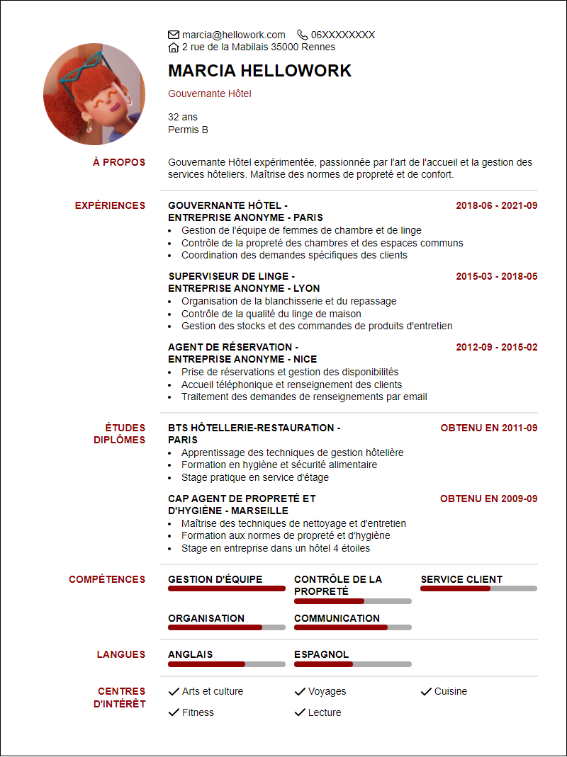 Modèle CV Gouvernante Hotel Exemple CV Gouvernante Hotel