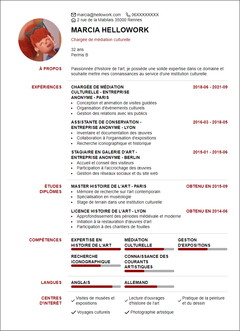 Modèle CV Histoire de l'art Exemple CV Histoire de l'art