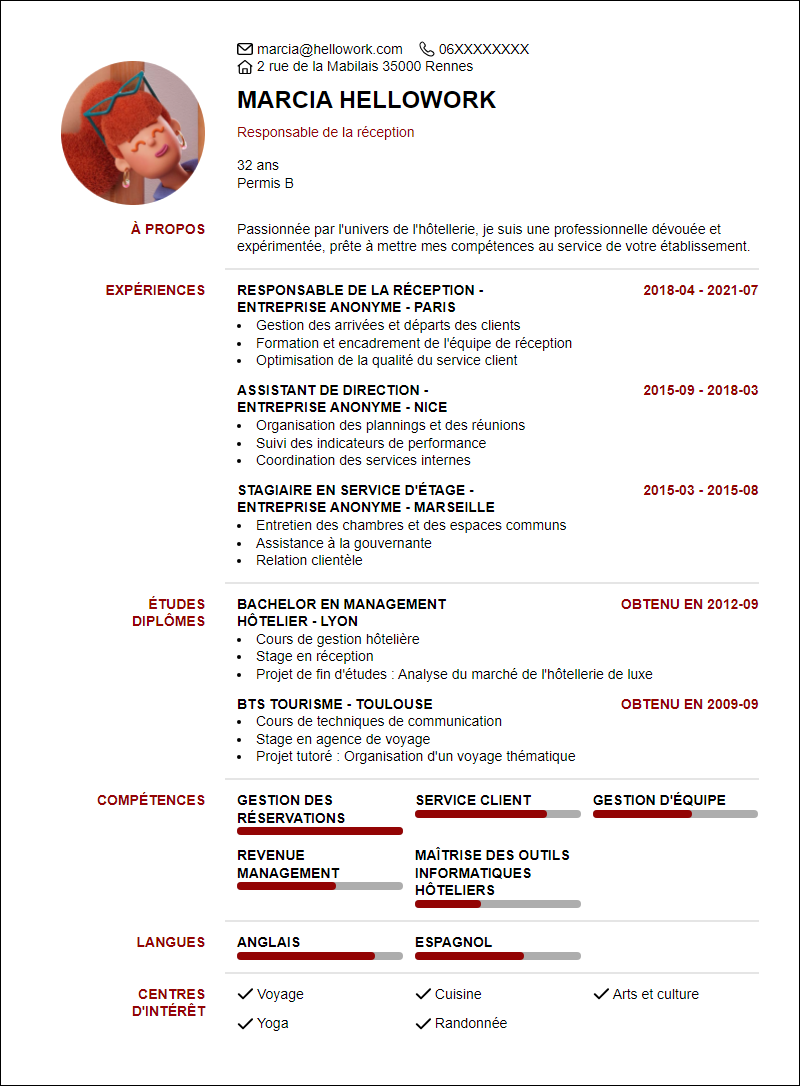 Modèle CV Hotel Exemple CV Hotel
