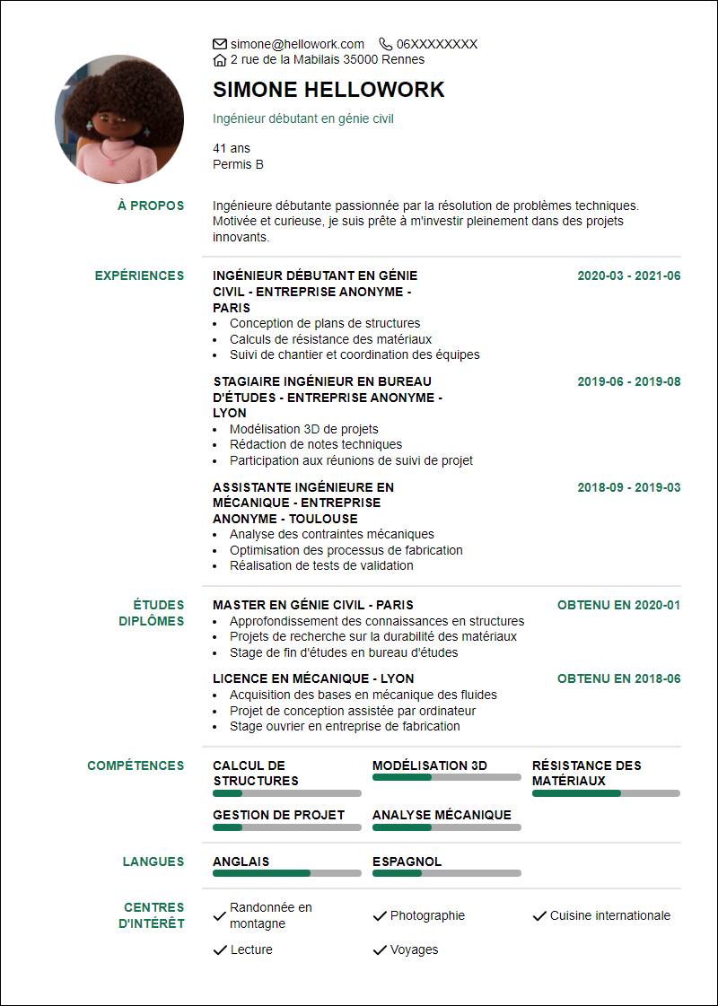 Modèle CV Ingénieur débutant Exemple CV Ingénieur débutant