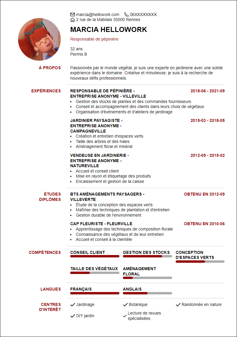 Modèle CV Jardinerie Exemple CV Jardinerie